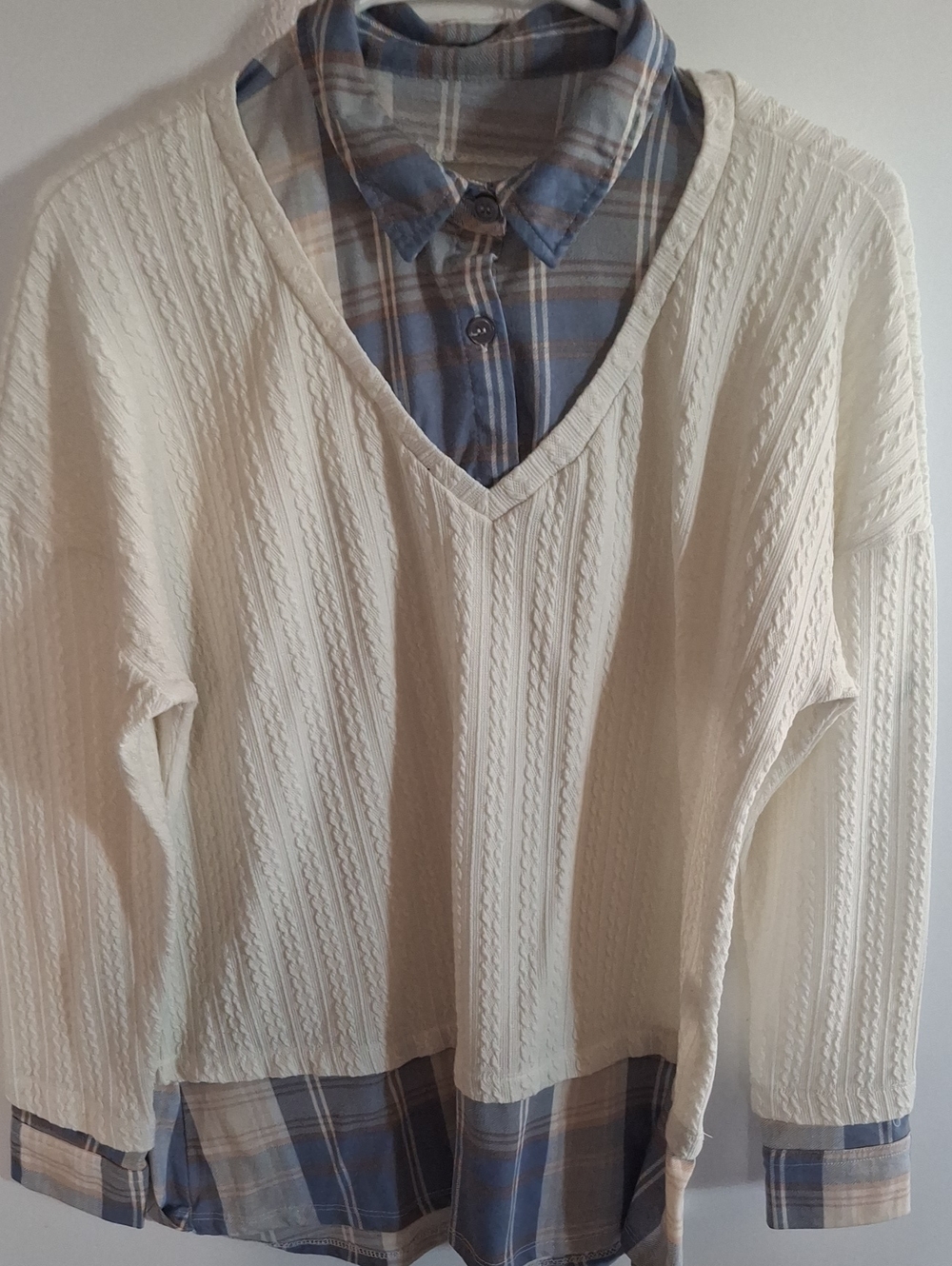 Cream V-Neck Layered Sweater with Blue Plaid Shirt Detail